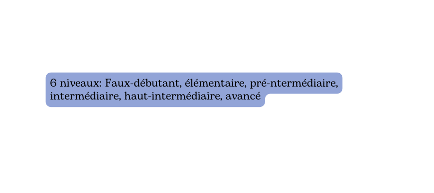 6 niveaux Faux débutant élémentaire pré ntermédiaire intermédiaire haut intermédiaire avancé